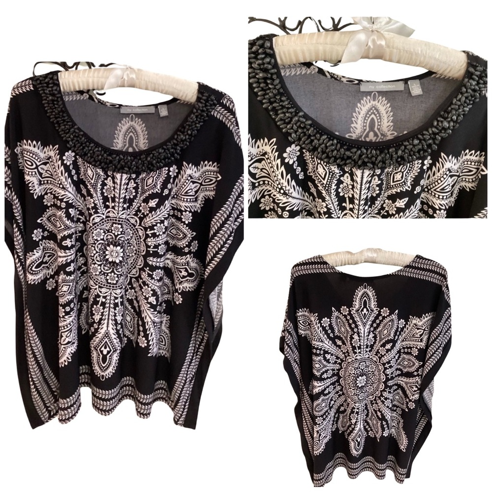 🛍️ NY Collection Black White Beaded Collar Top Size Large